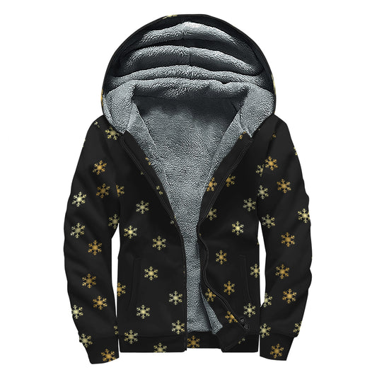 Black And Gold Snowflake Pattern Print Sherpa Lined Zip Up Hoodie