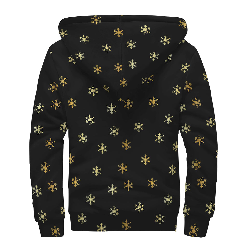 Black And Gold Snowflake Pattern Print Sherpa Lined Zip Up Hoodie