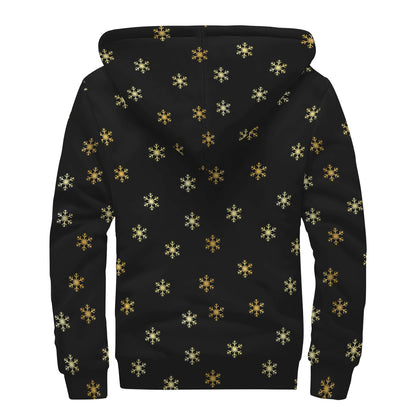 Black And Gold Snowflake Pattern Print Sherpa Lined Zip Up Hoodie