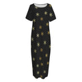 Black And Gold Snowflake Pattern Print Short Sleeve Long Nightdress