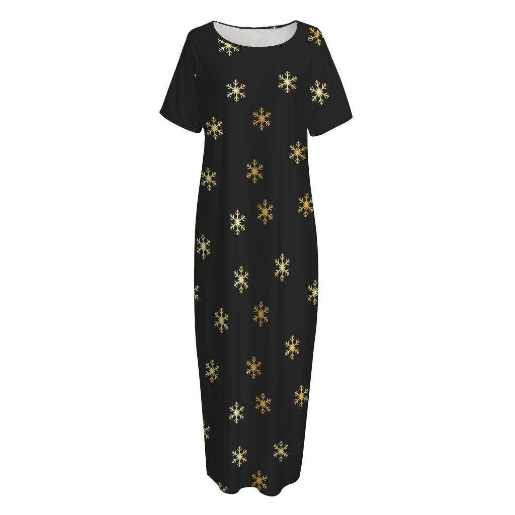 Black And Gold Snowflake Pattern Print Short Sleeve Long Nightdress