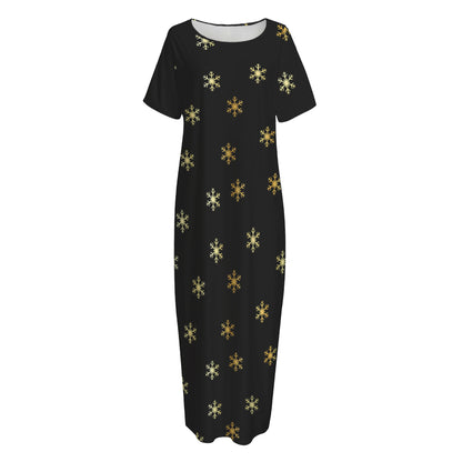 Black And Gold Snowflake Pattern Print Short Sleeve Long Nightdress