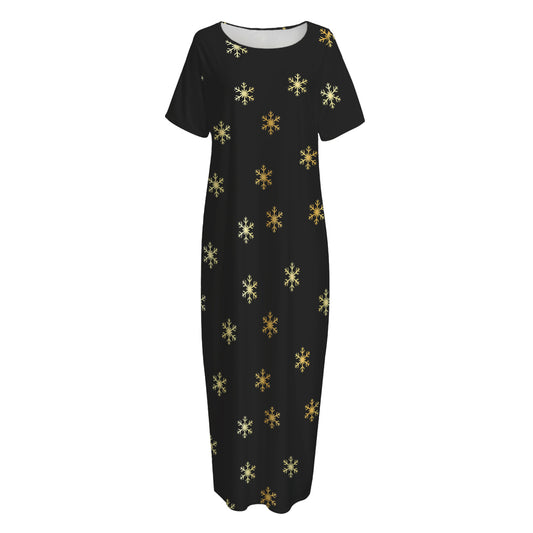 Black And Gold Snowflake Pattern Print Short Sleeve Long Nightdress