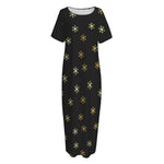 Black And Gold Snowflake Pattern Print Short Sleeve Long Nightdress