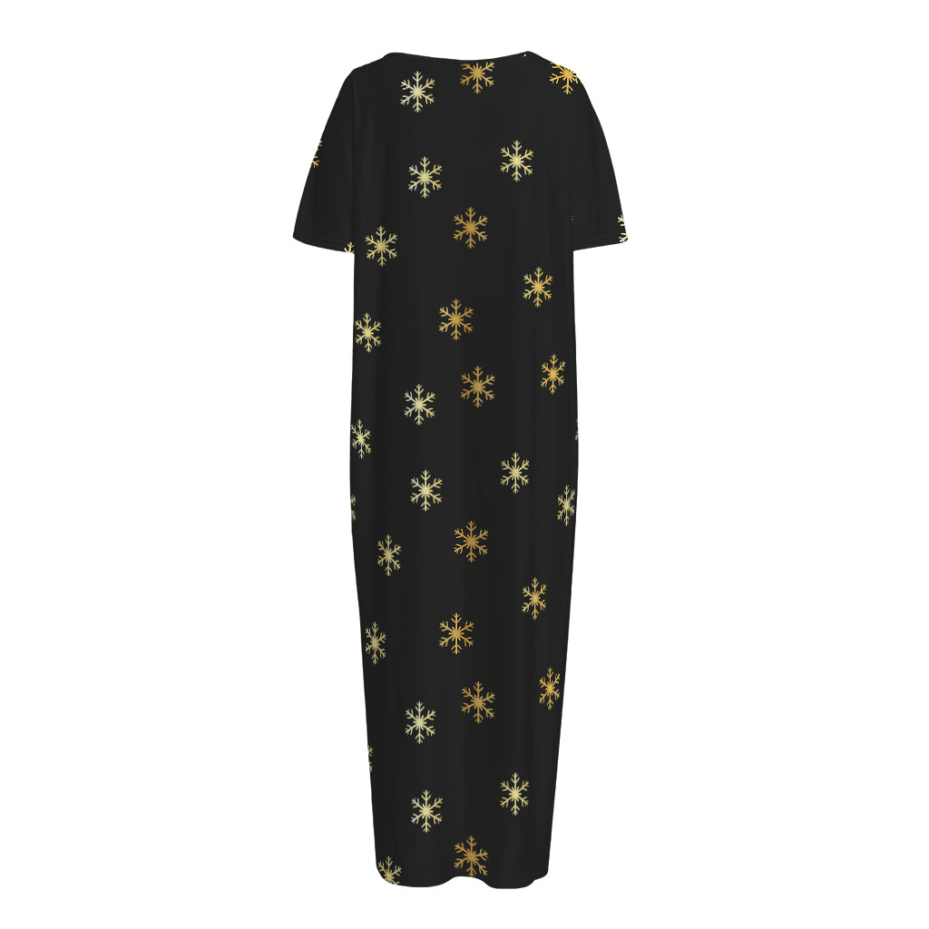 Black And Gold Snowflake Pattern Print Short Sleeve Long Nightdress