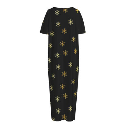 Black And Gold Snowflake Pattern Print Short Sleeve Long Nightdress