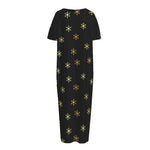 Black And Gold Snowflake Pattern Print Short Sleeve Long Nightdress
