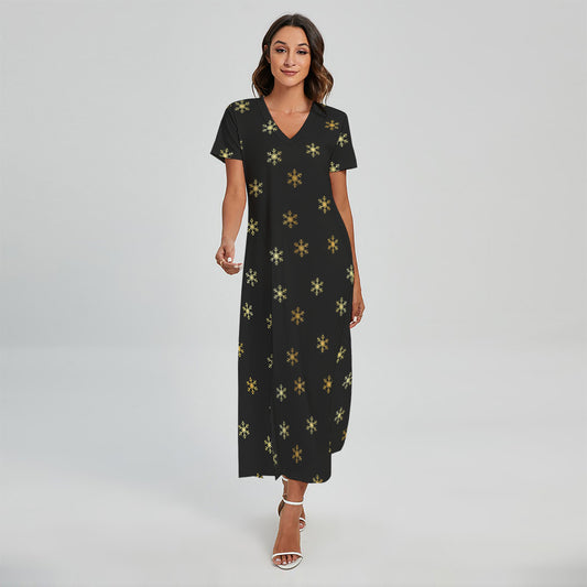 Black And Gold Snowflake Pattern Print Short Sleeve Maxi Dress