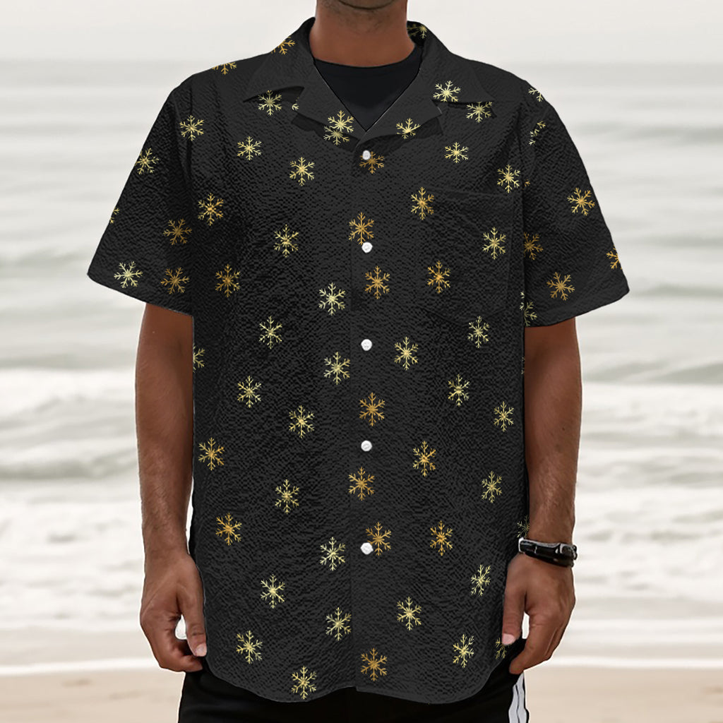 Black And Gold Snowflake Pattern Print Textured Short Sleeve Shirt