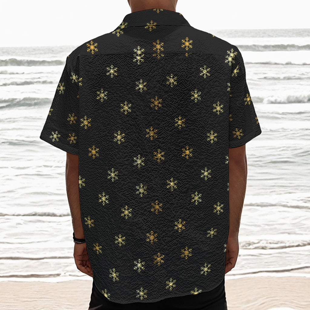 Black And Gold Snowflake Pattern Print Textured Short Sleeve Shirt