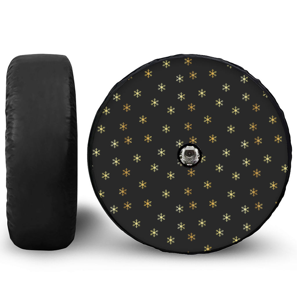 Black And Gold Snowflake Pattern Print Tire Cover With Camera Hole