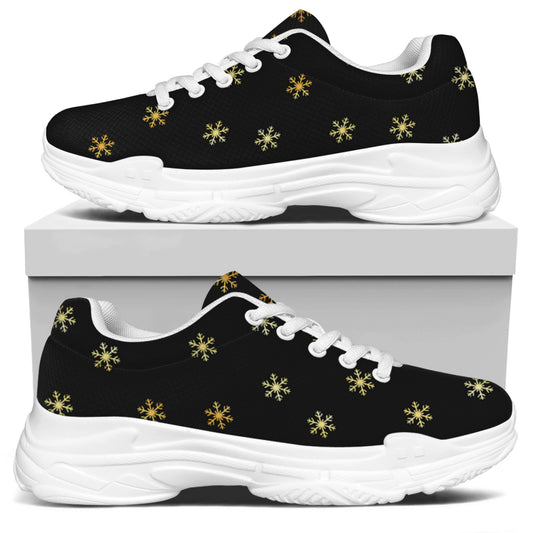 Black And Gold Snowflake Pattern Print White Chunky Shoes