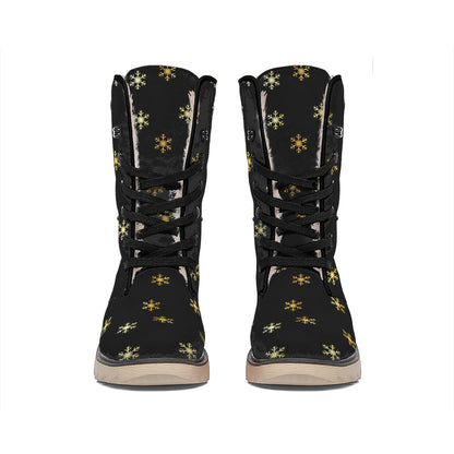 Black And Gold Snowflake Pattern Print Winter Boots