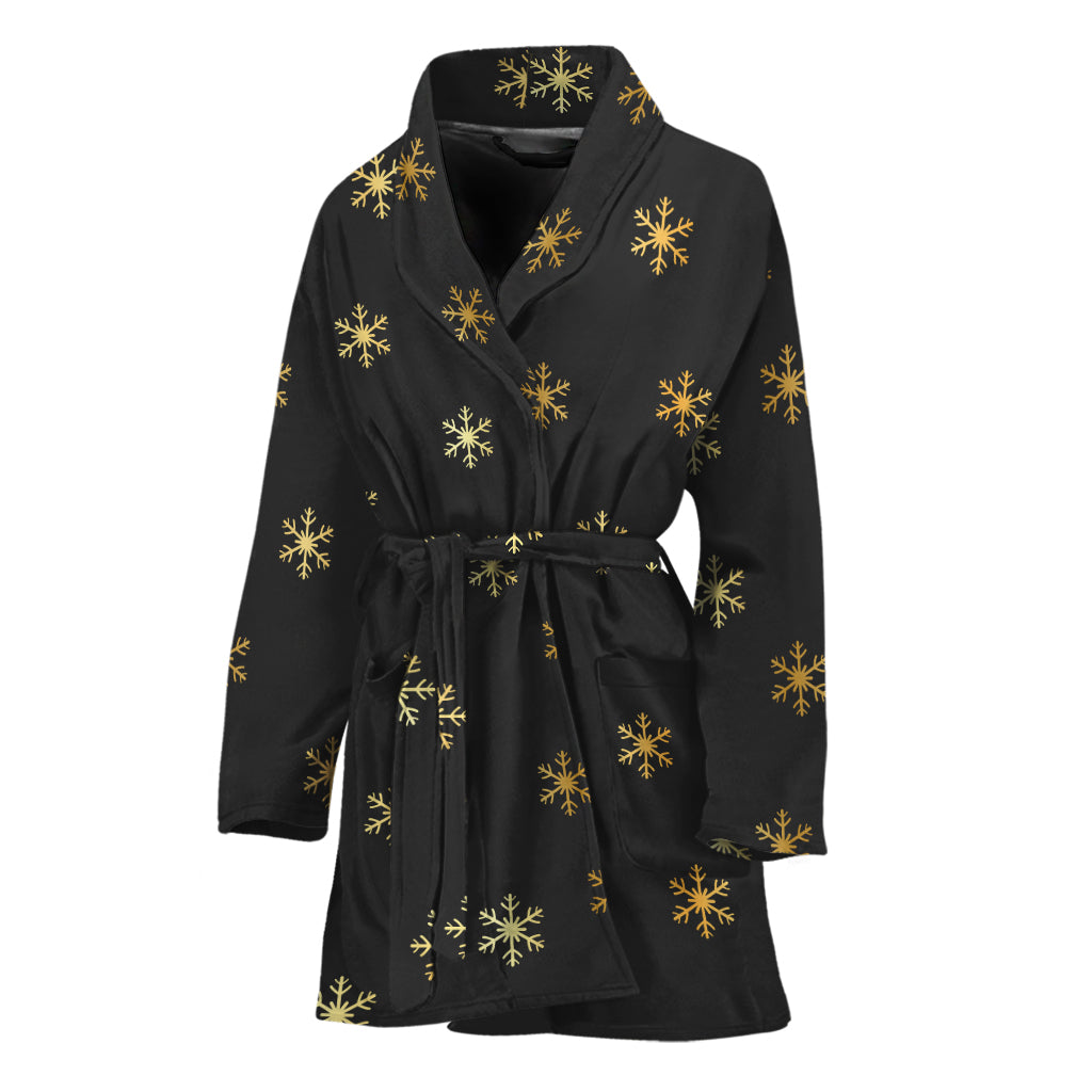 Black And Gold Snowflake Pattern Print Women's Bathrobe