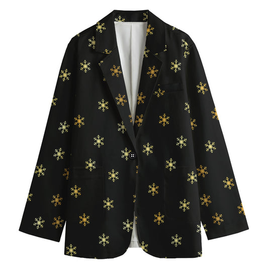 Black And Gold Snowflake Pattern Print Women's Cotton Blazer
