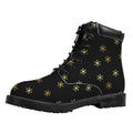 Black And Gold Snowflake Pattern Print Padded Collar Lace Up Boots