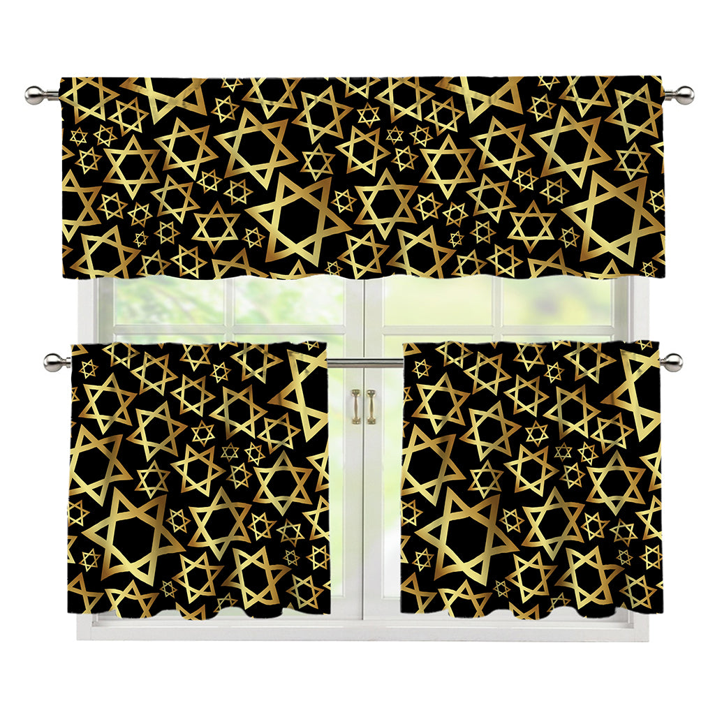 Black And Gold Star of David Print 3 Piece Kitchen Curtains