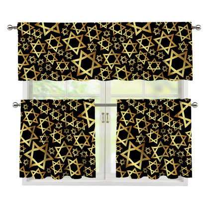 Black And Gold Star of David Print 3 Piece Kitchen Curtains