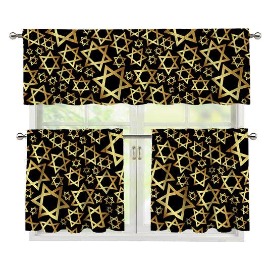 Black And Gold Star of David Print 3 Piece Kitchen Curtains