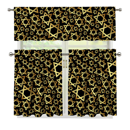 Black And Gold Star of David Print 3 Piece Kitchen Curtains