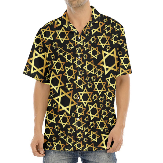 Black And Gold Star of David Print Aloha Shirt