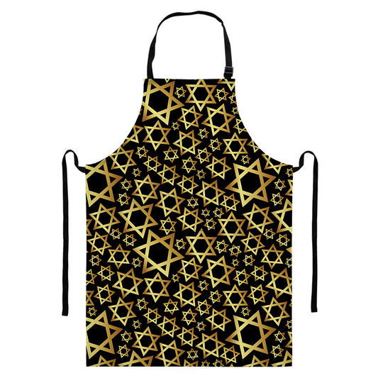 Black And Gold Star of David Print Bib Apron With Pocket