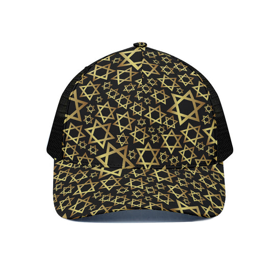 Black And Gold Star of David Print Black Mesh Trucker Cap