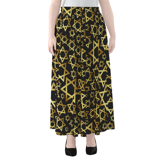 Black And Gold Star of David Print Chiffon Maxi Skirt