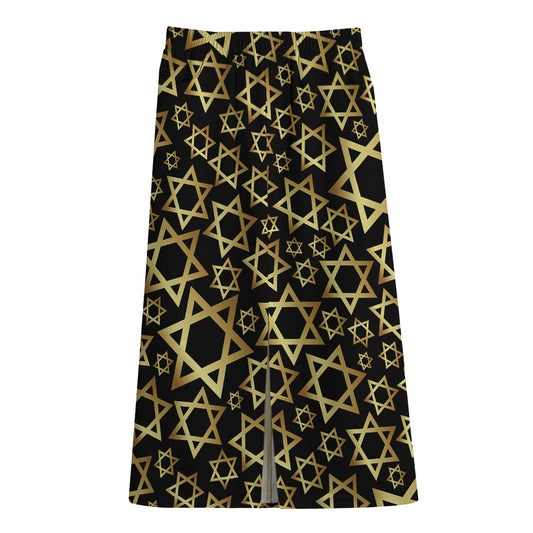 Black And Gold Star of David Print Cotton Front Slit Maxi Skirt