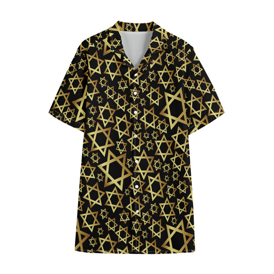 Black And Gold Star of David Print Cotton Hawaiian Shirt