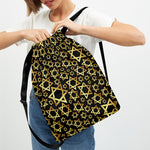Black And Gold Star of David Print Drawstring Backpack