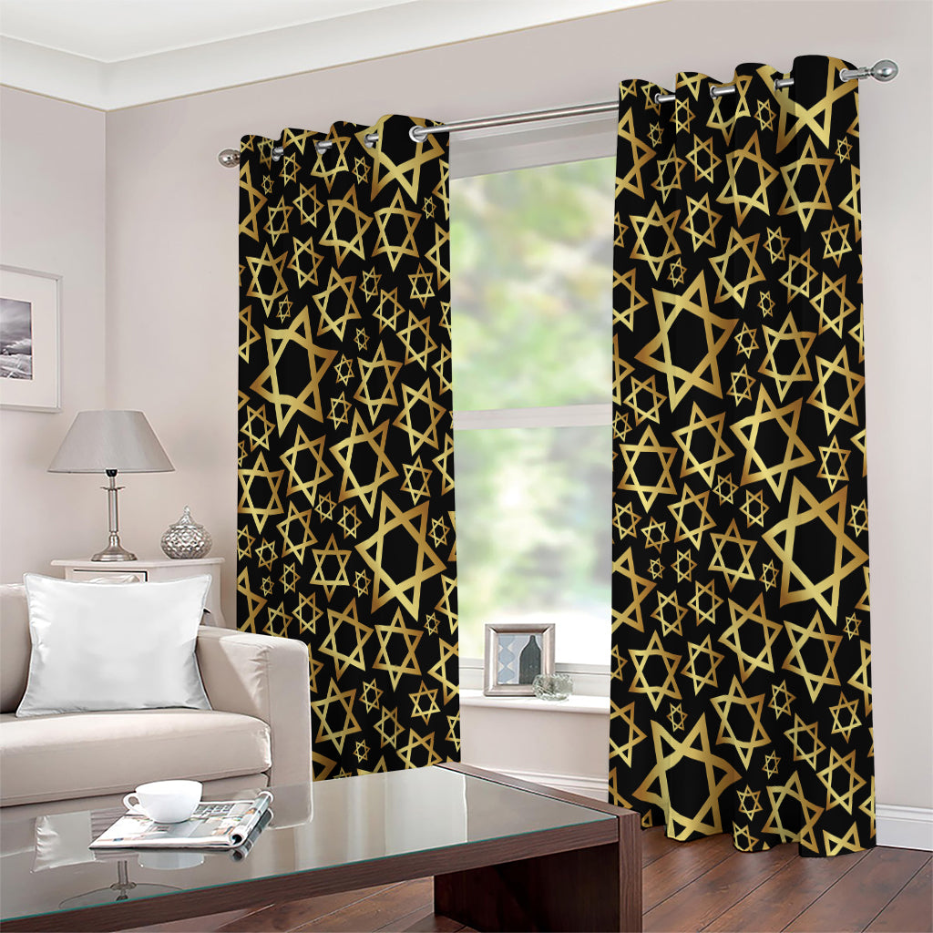 Black And Gold Star of David Print Extra Wide Grommet Curtains