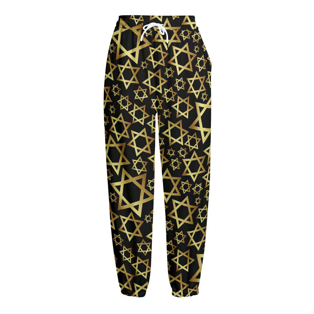 Black And Gold Star of David Print Fleece Lined Knit Pants