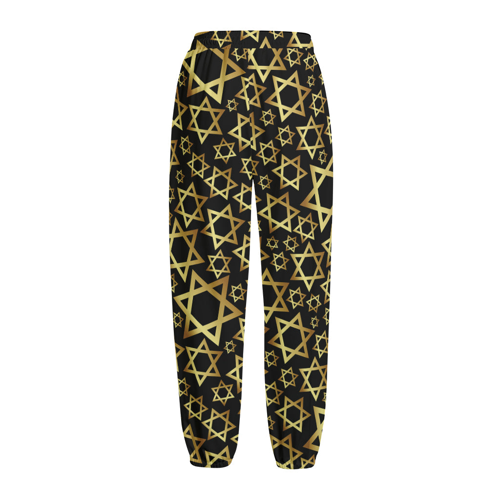 Black And Gold Star of David Print Fleece Lined Knit Pants