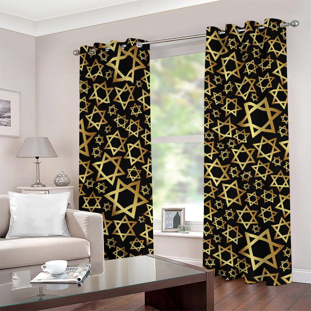 Black And Gold Star of David Print Grommet Curtains
