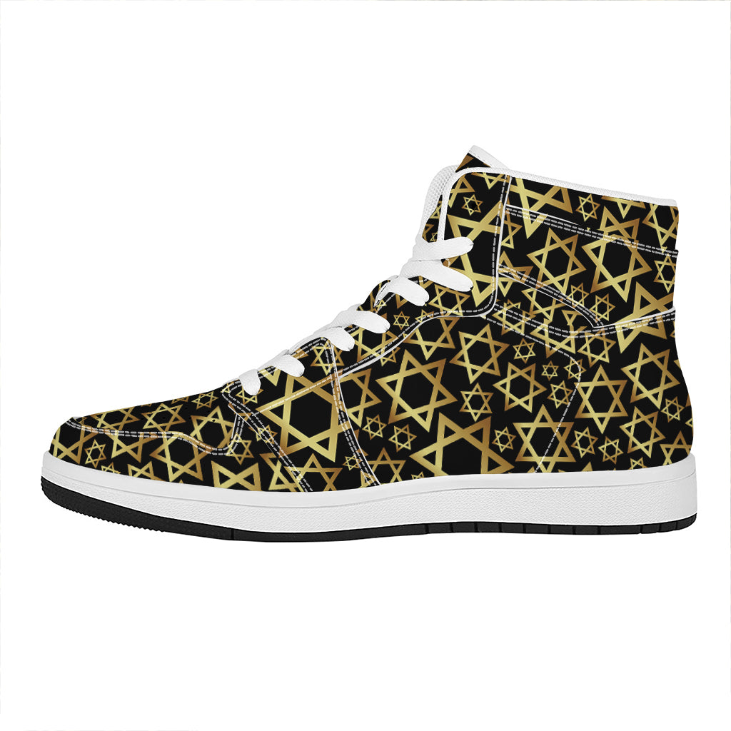 Black And Gold Star of David Print High Top Leather Sneakers