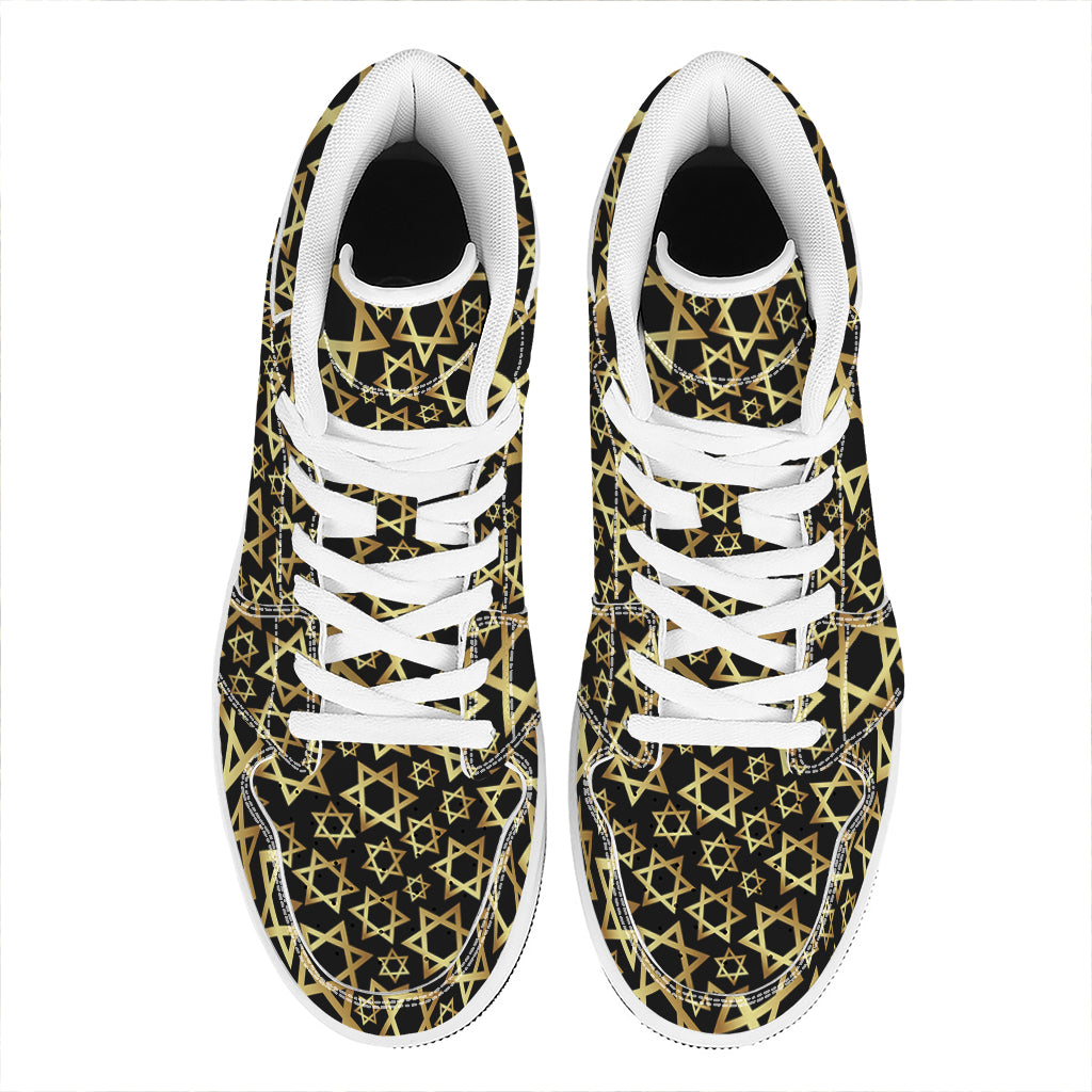 Black And Gold Star of David Print High Top Leather Sneakers