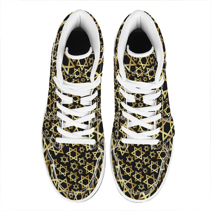 Black And Gold Star of David Print High Top Leather Sneakers