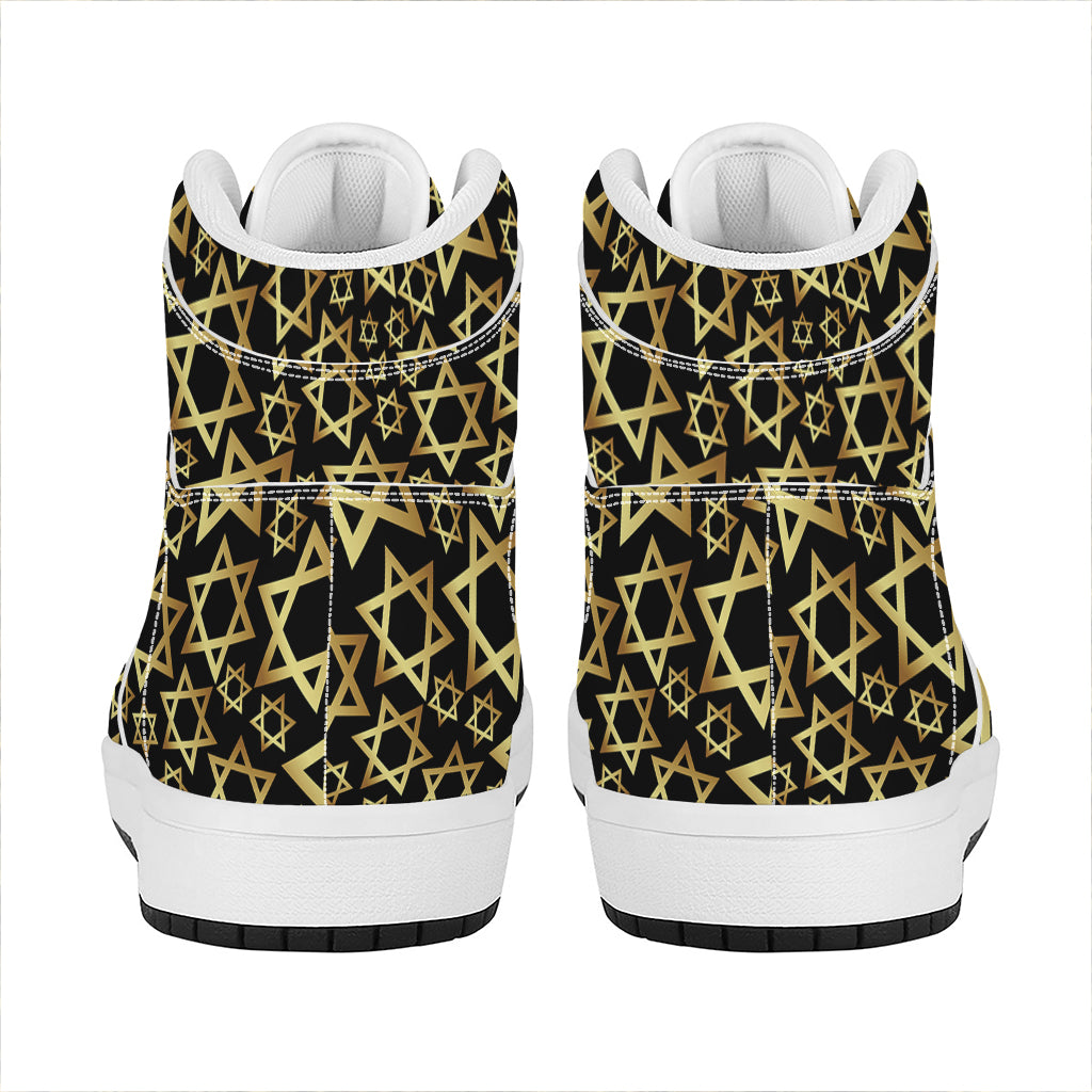 Black And Gold Star of David Print High Top Leather Sneakers
