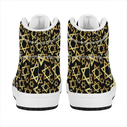 Black And Gold Star of David Print High Top Leather Sneakers