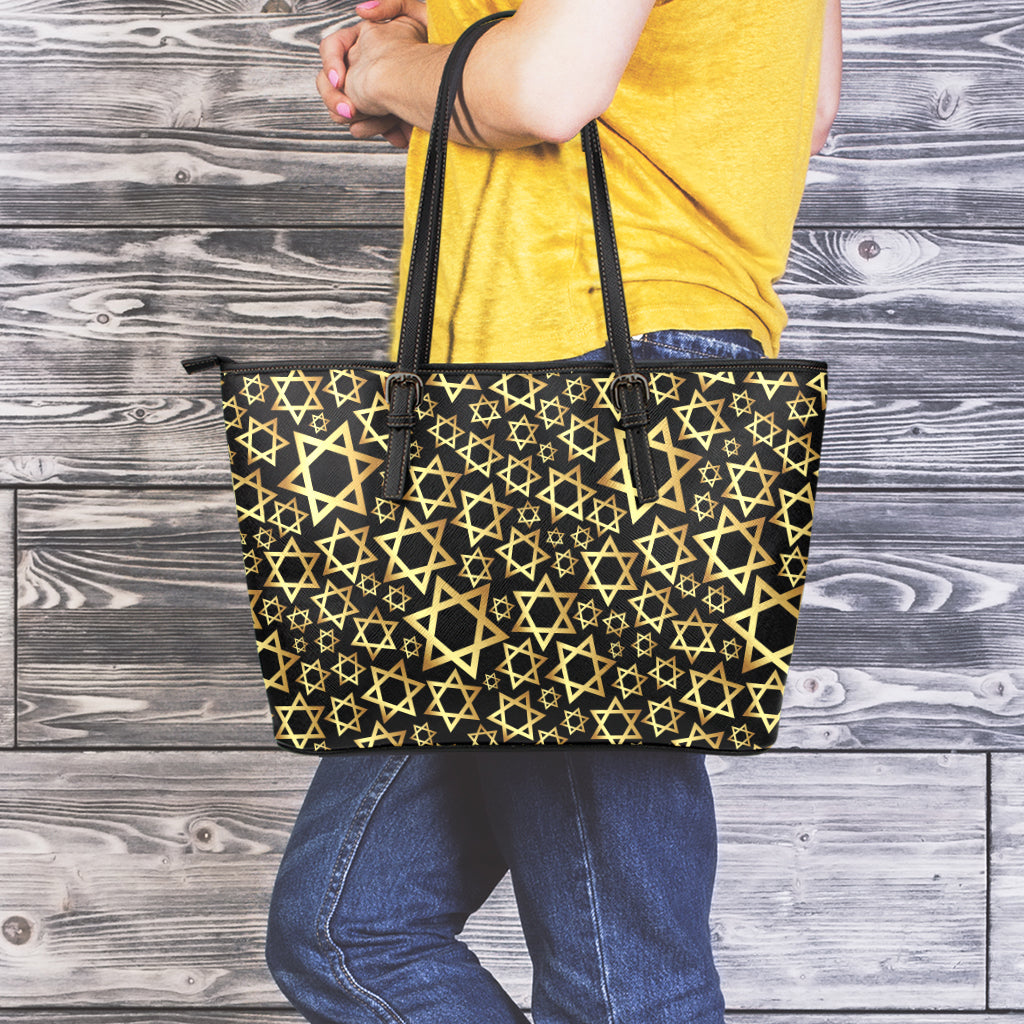 Black And Gold Star of David Print Leather Tote Bag