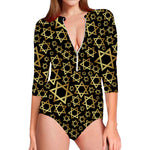 Black And Gold Star of David Print Long Sleeve Swimsuit