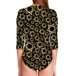 Black And Gold Star of David Print Long Sleeve Swimsuit