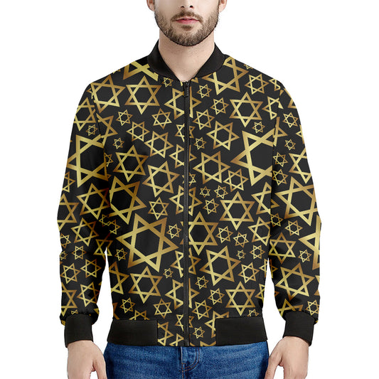 Black And Gold Star of David Print Men's Bomber Jacket
