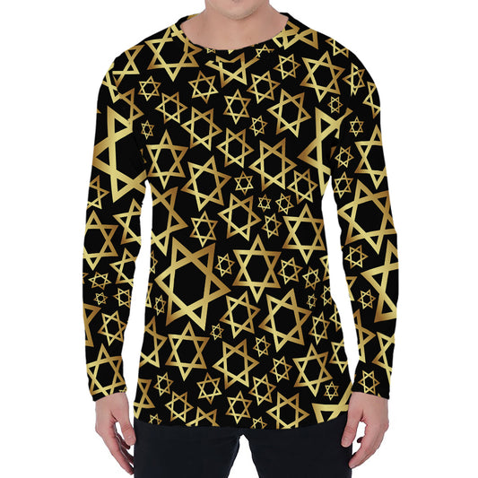 Black And Gold Star of David Print Men's Long Sleeve T-Shirt