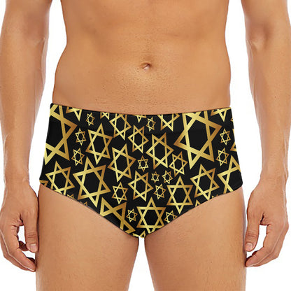 Black And Gold Star of David Print Men's Triangle Swim Briefs