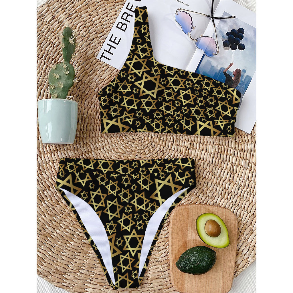 Black And Gold Star of David Print One Shoulder Bikini Top