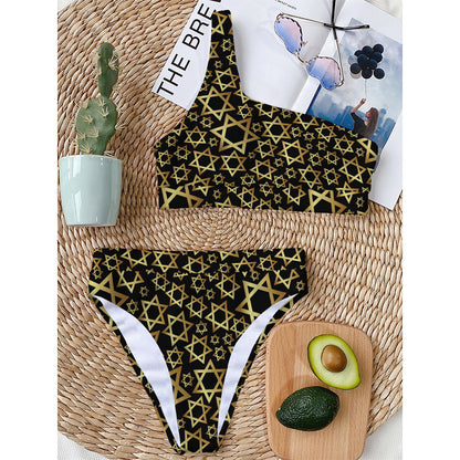 Black And Gold Star of David Print One Shoulder Bikini Top