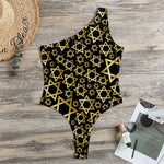 Black And Gold Star of David Print One Shoulder Bodysuit