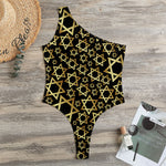 Black And Gold Star of David Print One Shoulder Bodysuit